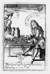 Speelkaarten ter herdenking van de Spaanse Successieoorlog, hartenkleur, ca. 1707 (detail)