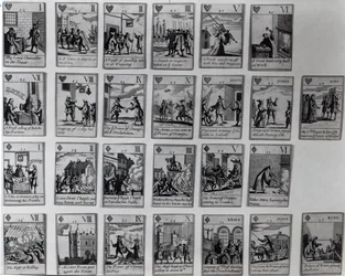 Speelkaarten die episodes uit de Glorieuze Revolutie van 1688-89 uitbeelden, ca. 1689