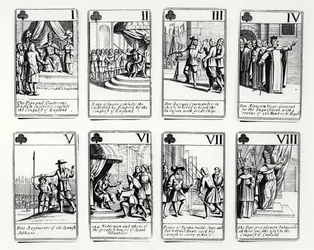 Speelkaarten die gebeurtenissen uitbeelden van de Spaanse Armada