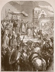 Paus Urbanus II die de Eerste Kruistocht predikt op de markt van Clermont, 1096, illustratie uit Cassells Illustrated History of England