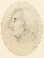 Portret van Lord Nelson, hoofd en marinekraag, in profiel... met de initialen H.N. eronder