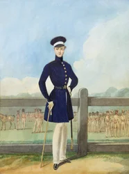 Portret van een Britse officier in ongedragen rokjas en veldpet