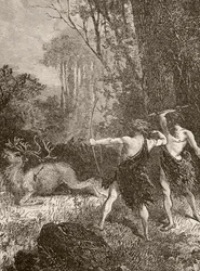 Prehistorische mens die jaagt met boog en pijl en speer