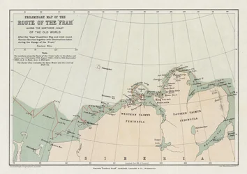 Voorlopige kaart van de route van de Fram langs de noordkust van de oude wereld