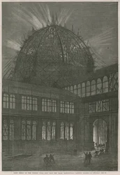Voortgang op het Internationale Tentoonstellingsgebouw; Nacht effect van de westelijke koepel