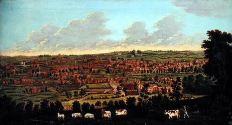 Uitzicht op een Stad, met vee en herders op de voorgrond