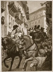 Openbare ontvangst van Prins Charles in Madrid, illustratie uit Cassells Geïllustreerde Geschiedenis van Engeland