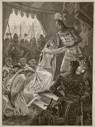 Koningin Philippa pleit voor de burgers van Calais, illustratie uit Cassells Geïllustreerde Geschiedenis van Engeland
