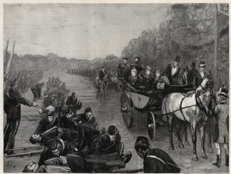 Koningin Victoria - De Inspectie door Hare Majesteit de Koningin van het Ambulancekorps van Kolonel Seey in Windsor Park. Illustratie voor The Graphic