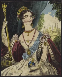 Koningin Victoria met een rijksappel en scepter (kleurgravure)