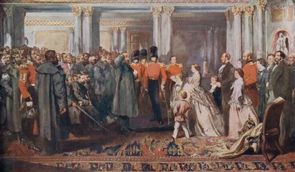 Koningin Victoria ontvangt Krimoorlogsveteranen in audiëntie