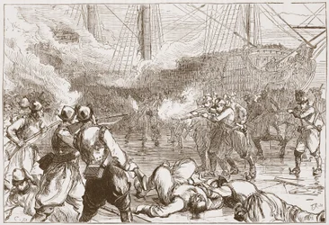 Terugdrijving van de Spaanse soldaten in Amsterdam, illustratie uit De Geschiedenis van het Protestantisme door James Aitken Wylie, 1878
