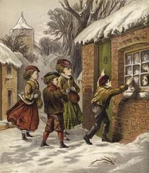 Rijke kinderen bezoeken arme kinderen met Kerstmis