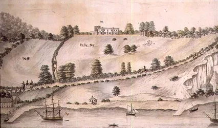 Rivierlandschap met schepen en de Dover Coach, ca. 1800 (pen en was) (paar van 72976)