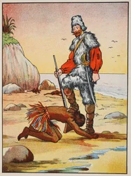 Robinson Crusoe en Vrijdag, illustratie uit Het verhaal van Robinson Crusoe: Een bewerking voor kinderen volgens Defoes taalgebruik, uitgegeven door Griffith Farran Browne & Co. Limited, Londen