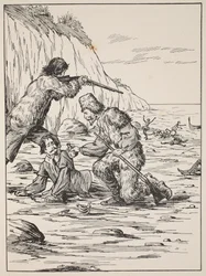 Robinson Crusoe en Vrijdag redden de Spanjaard, illustratie uit Het verhaal van Robinson Crusoe: Een bewerking voor kinderen volgens Defoes taal, uitgegeven door Griffith Farran Browne & Co. Limited, Londen
