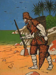 Robinson Crusoe, illustratie uit Het verhaal van Robinson Crusoe: Een bewerking voor kinderen volgens Defoes taal, uitgegeven door Griffith Farran Browne & Co. Limited, Londen