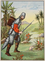 Robinson Crusoe, illustratie uit Het verhaal van Robinson Crusoe: Een bewerking voor kinderen volgens Defoes taal, uitgegeven door Griffith Farran Browne & Co. Limited, Londen