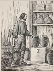 Robinson Crusoe in zijn voorraadkamer, illustratie uit Het verhaal van Robinson Crusoe: Een bewerking voor kinderen volgens Defoes taal, uitgegeven door Griffith Farran Browne & Co. Limited, Londen