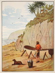 Robinson Crusoes kano, illustratie uit Het verhaal van Robinson Crusoe: Een bewerking voor kinderen volgens Defoes taal, uitgegeven door Griffith Farran Browne & Co. Limited, Londen