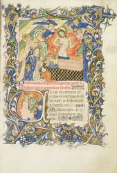 Gekroonde figuur ondersteund door grijs bebaarde heilige knielend voor een afbeelding van Pity, uit de Psalter van Humphrey Hertog van Gloucester, c.1420-30