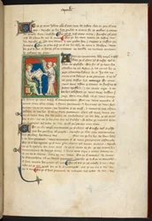 Johannes zittend, schrijvend; een engel staat achter zijn bureau, uit 