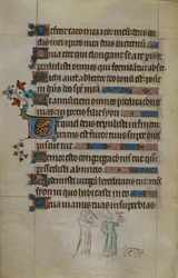 Royal ms 2_B VII f.177v Bas-de-page scène van twee vrouwen die valken dragen, en een kleine hond voor hen, met een bewoonde initiaal, illustratie uit de 