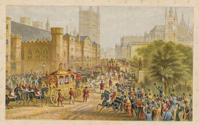 Koninklijke processie nadert de nieuwe Parlementsgebouwen