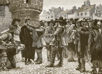 Royalistische samenzweerders in Salisbury beledigen de sheriff, illustratie uit Cassells Illustrated History of England