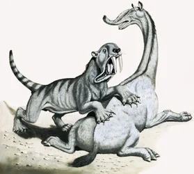 Sabeltandtijger valt onidentificeerbaar prehistorisch wezen aan