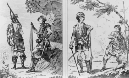 Schotse soldaten van de Hooglanden en een Hooglandofficier en sergeant