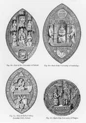 Zegels van de Universiteit van Oxford, Cambridge, Balliol College, Oxford en de Universiteit van Praag, illustratie uit Wetenschap en Literatuur van de Middeleeuwen en de Renaissance, geschreven door Paul Lacroix