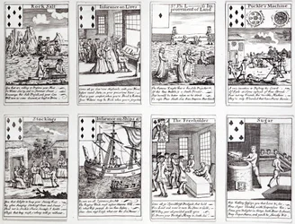 Set speelkaarten met satirische scènes van huidige commerciële ondernemingen en investeringen, ca. 1720