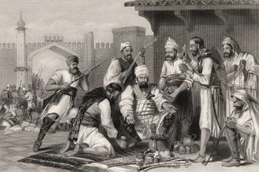 Sikh-troepen verdelen de buit van muiters, uit 