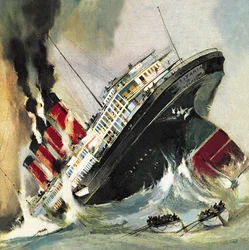 Schipbreuk van de Lusitania in mei 1915 (litho)