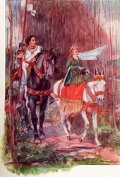 Sir Lancelot en Koningin Guinevere. Gekleurde illustratie uit het boek The Gateway to Tennyson gepubliceerd 1910.