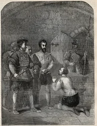 Sir Thomas Wyatt de Jongere (1521-1554) op weg naar zijn executie, plechtig de Prinses Elizabeth en Courtenay vrijpleitend van deelname aan zijn opstand - 1554 - gravure uit 