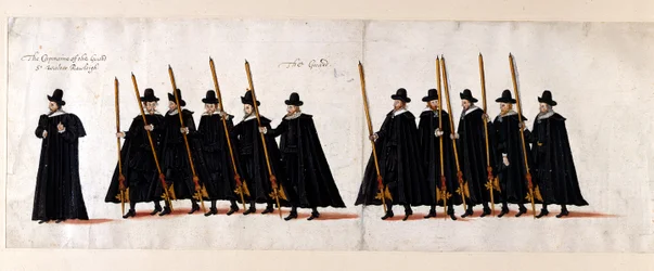 Sir Walter Raleigh, kapitein van de wacht, en de wacht. Deel van de begrafenisstoet van koningin Elizabeth I naar Westminster Abbey, 28 april 1603