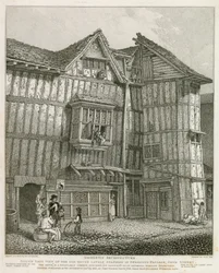 Zuidoostelijk uitzicht van een oud huis dat onlangs stond in Sweedons Passage, Grub Street