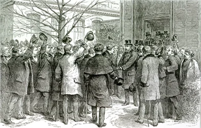 Dr. Robert Koch (1843-1910) verlaat het Koninklijk Ziekenhuis, waar de Engelse patiënt wordt behandeld, uit The Graphic, 6 december 1890