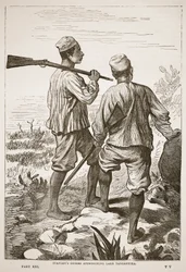 Stanleys gidsen naderen het Tanganyikameer, illustratie uit De geïllustreerde editie van het leven en de ontdekkingen van David Livingstone door J. Ewing Richie, uitgegeven door A. Fullarton & Co., 1876