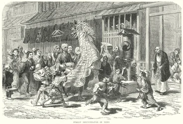 Straatmountebanks in Yedo (gravure)