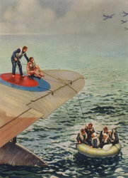 Overlevenden van een neergestort Brits vliegtuig in een rubberboot, Tweede Wereldoorlog