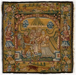 Tapijtkussenhoes met Susanna voor de Rechter, gemaakt in Sheldon, Engeland, na 1600