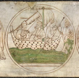 Tatwin vervoert Guthlac per boot naar Crowland, uit 