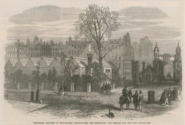 Tijdelijk gebouw in New Square, Lincolns Inn, voor het tentoonstellen van de ontwerpen voor de nieuwe Rechtbanken