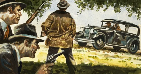 Texas Rangers leggen een hinderlaag voor een auto bestuurd door Bonnie en Clyde