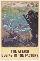De Aanval Begint in de Fabriek, Tweede Wereldoorlog poster, 1943