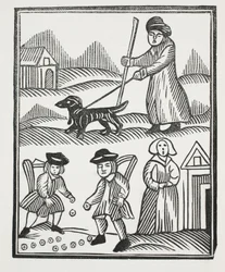 De bedelaar die met zijn hond reist, brengt veel rijkdom mee naar huis om te overleven, waarmee hij de ridder overtreft en zijn kind trouwt tot haar vreugde, illustratie uit Chap-books van de achttiende eeuw door John Ashton, uitgegeven 1882