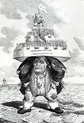 De Britse Atlas, of John Bull die de vredesvestiging ondersteunt, prent gemaakt door Charles Williams, 1816